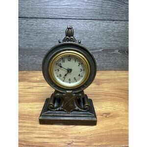 Vintage Ornate Cast Metal Desk Clock - Bronze Tone 6.5” Tall